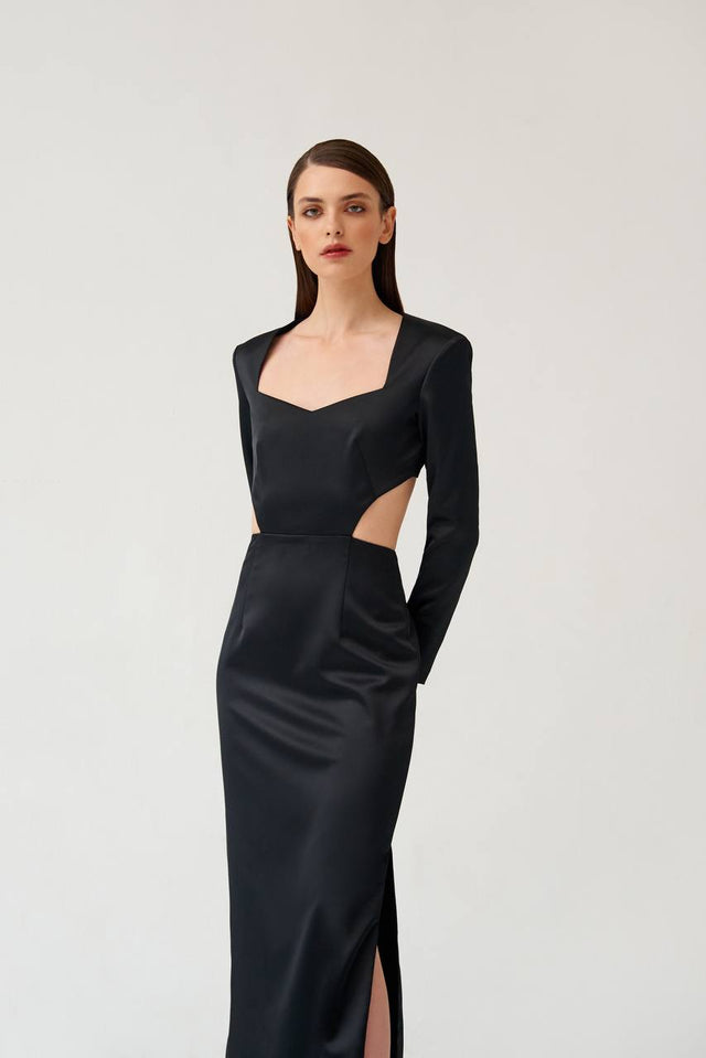 Black satin maxi dress with an open back