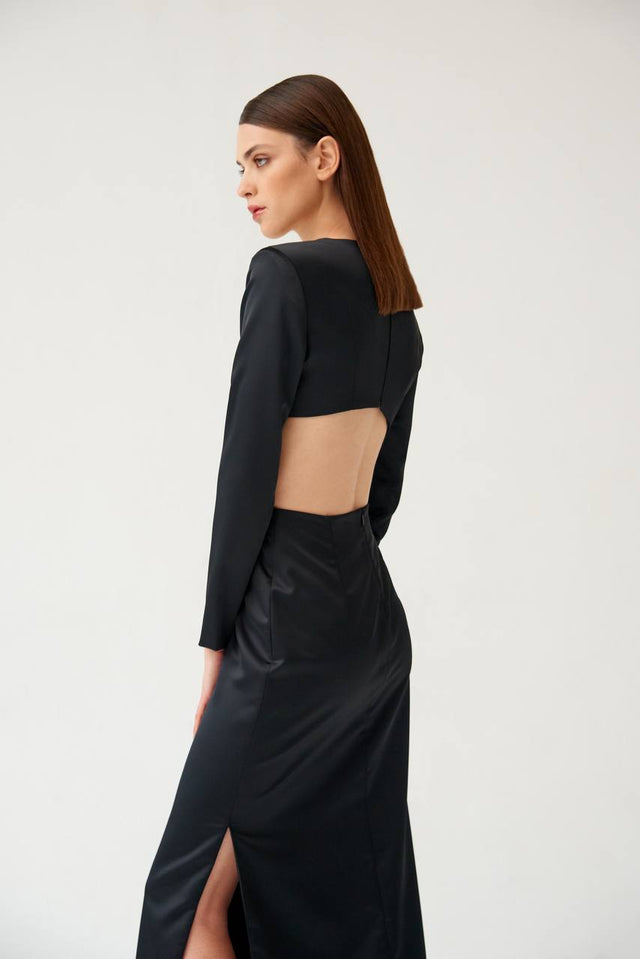 Black satin maxi dress with an open back