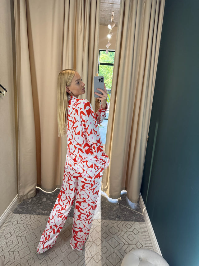 Red Silk Pants with Flowers