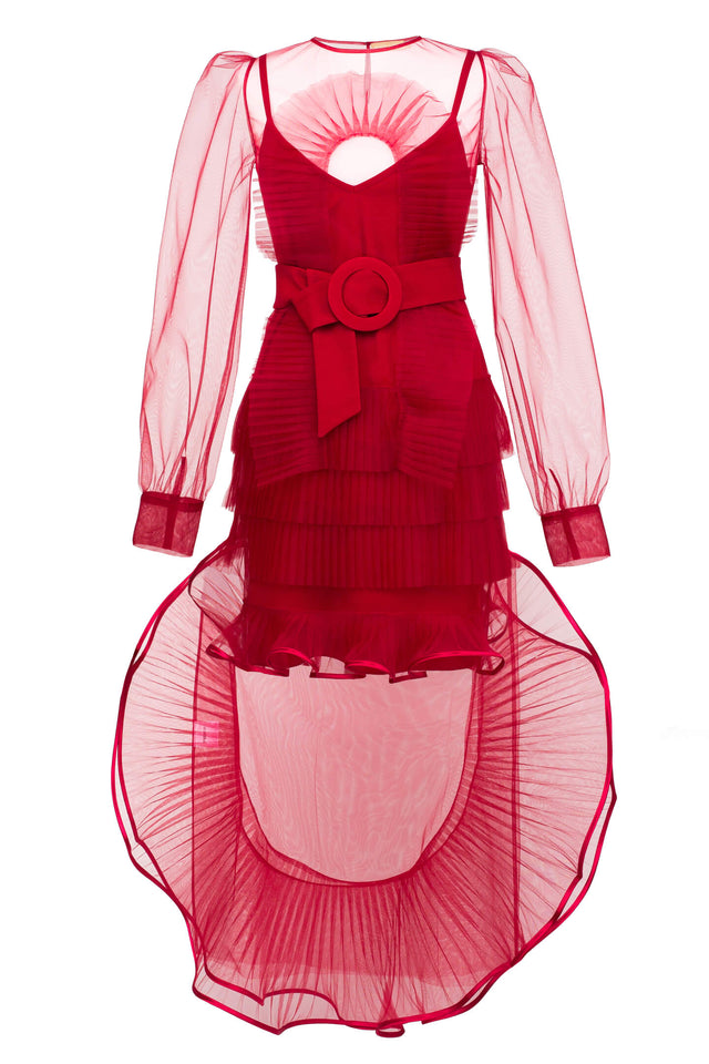Red Iconic ruffle long tulle dress front view