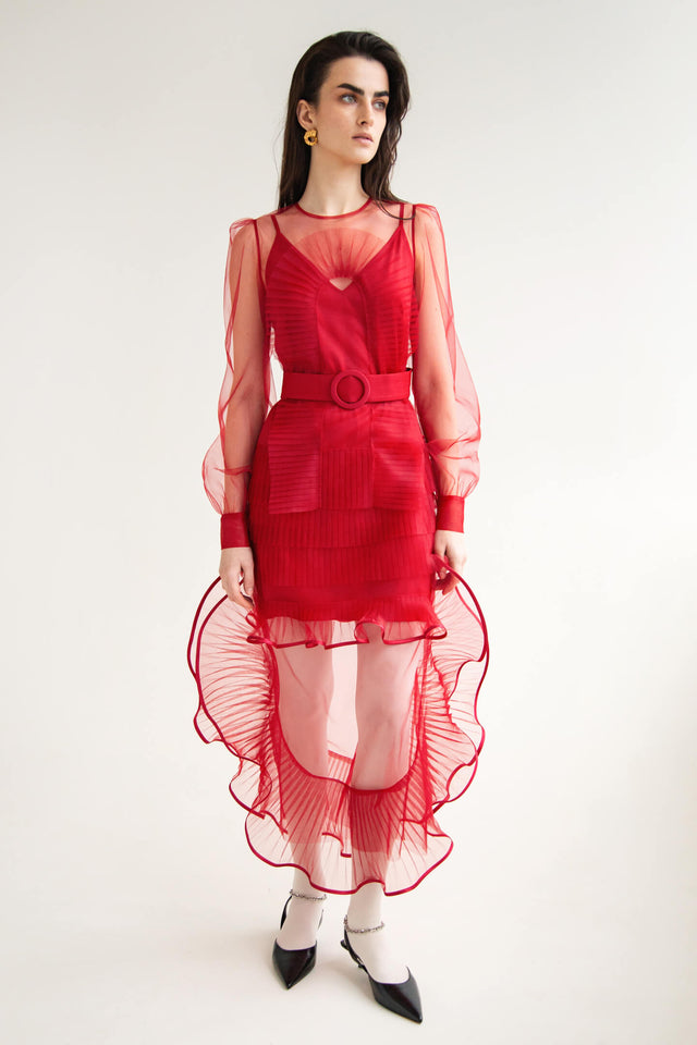 Model in red Iconic ruffle long tulle dress front view