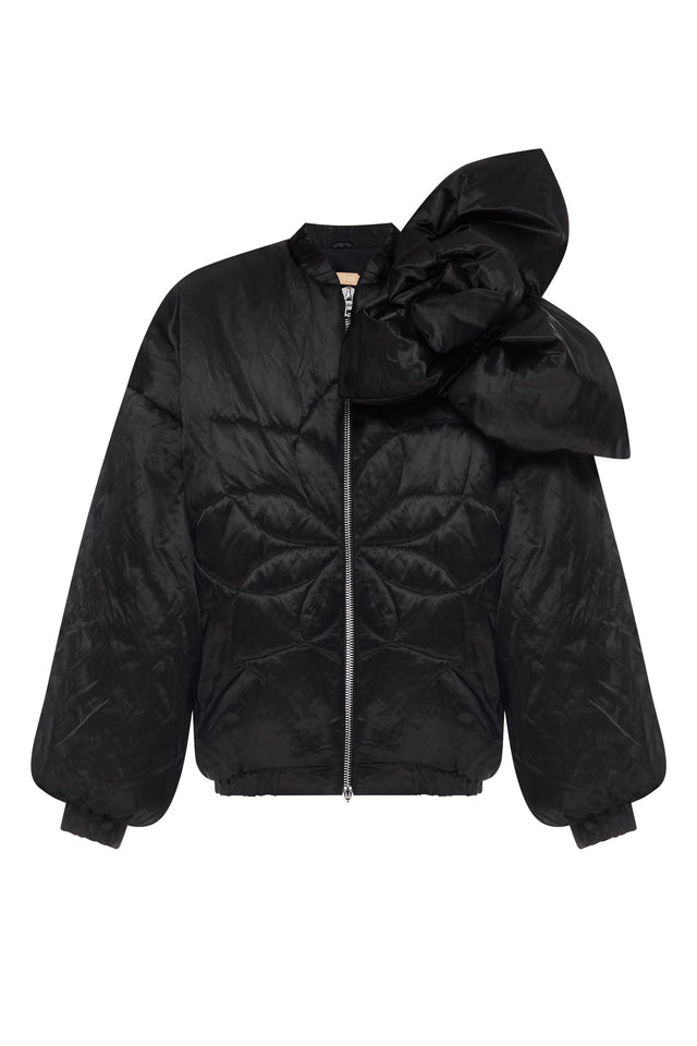Long insulated bomber jacket with a 3d flower decor front view