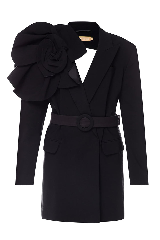 Long jacket with open back and 3d flower decor with belt front view
