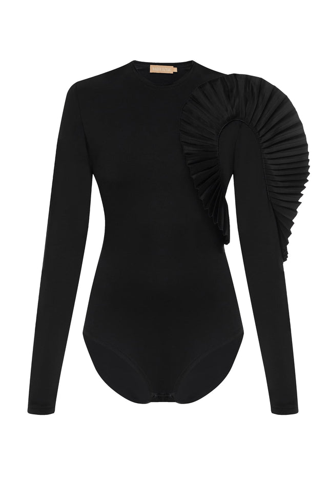 Long sleeve ruffle bodysuit front view