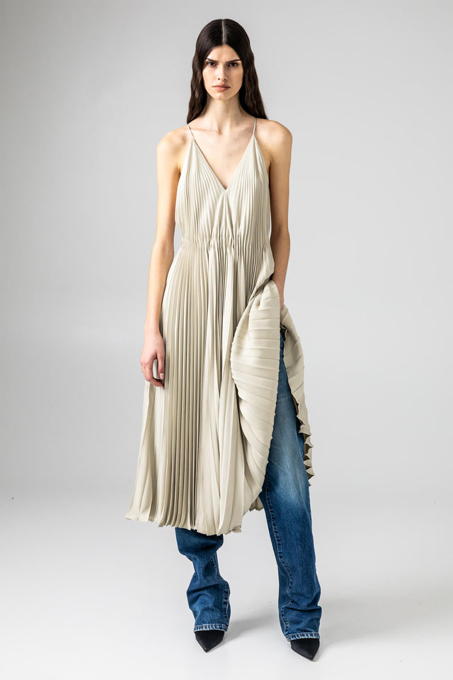 Model in beige Dress #10 front view