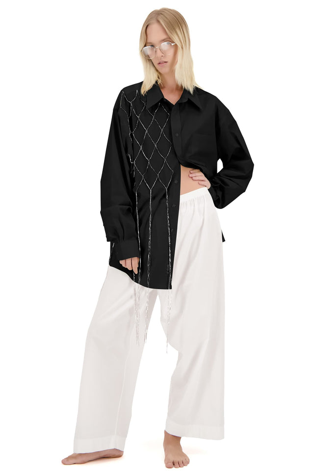 Model in black Redesigned shirt with crystals