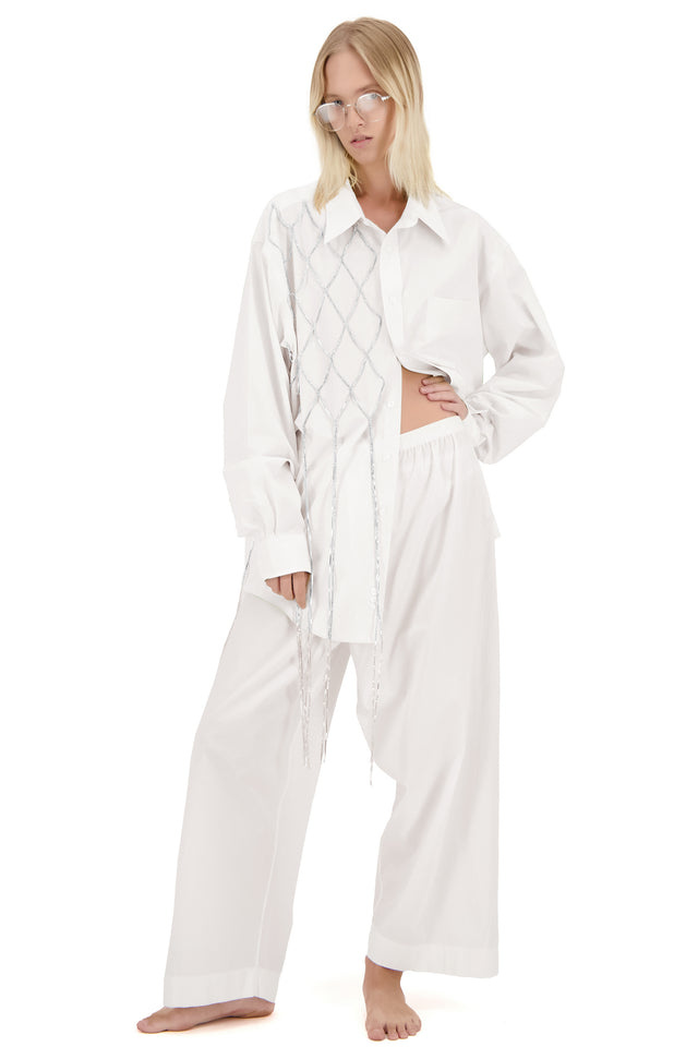 Model in white Redesigned shirt with crystals