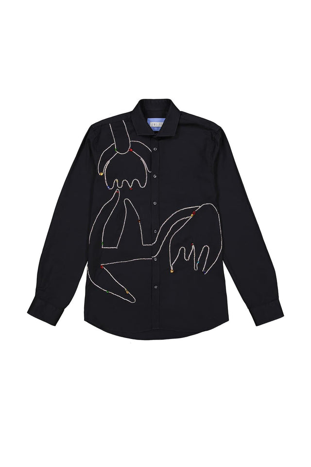 Black Shirt Omelia with hand-embroidered flower