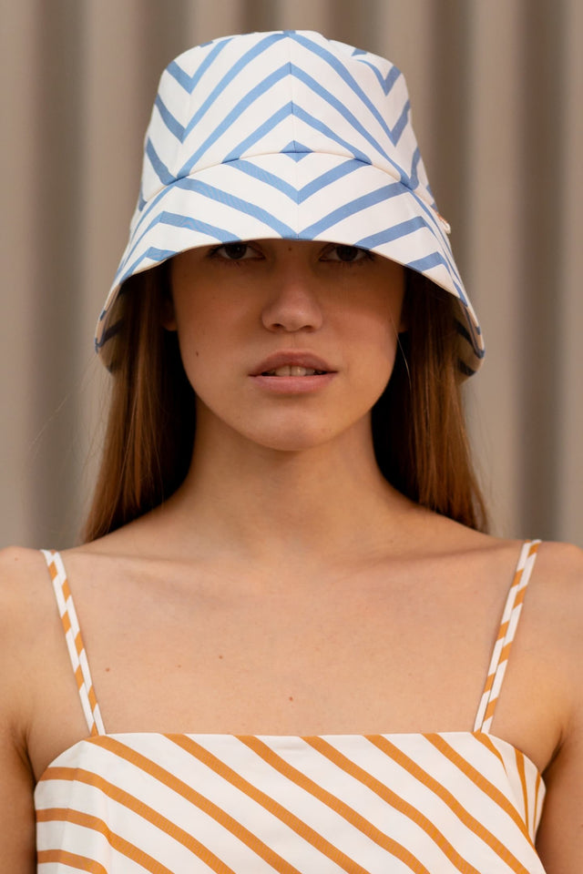 Model in Panama blue stripe front view