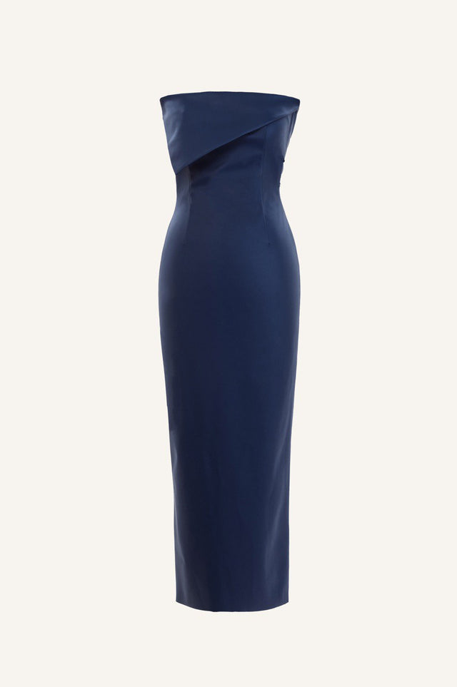 ASYMMETRICAL VEGAN LEATHER DRESS IN DEEP BLUE