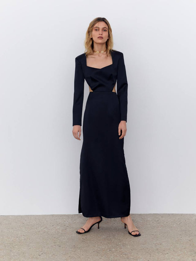Black satin maxi dress with an open back