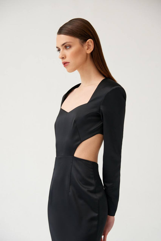 Black satin maxi dress with an open back
