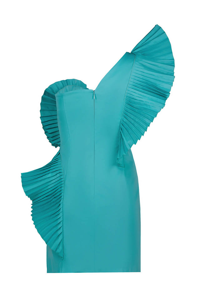Turquoise Asymmetric pleated dress back view