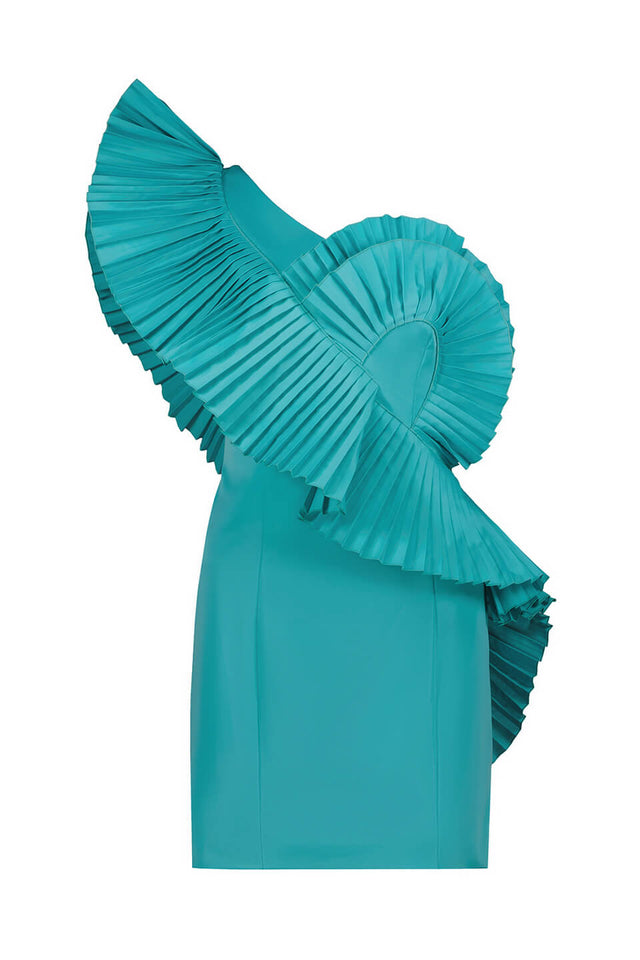 Turquoise Asymmetric pleated dress front view