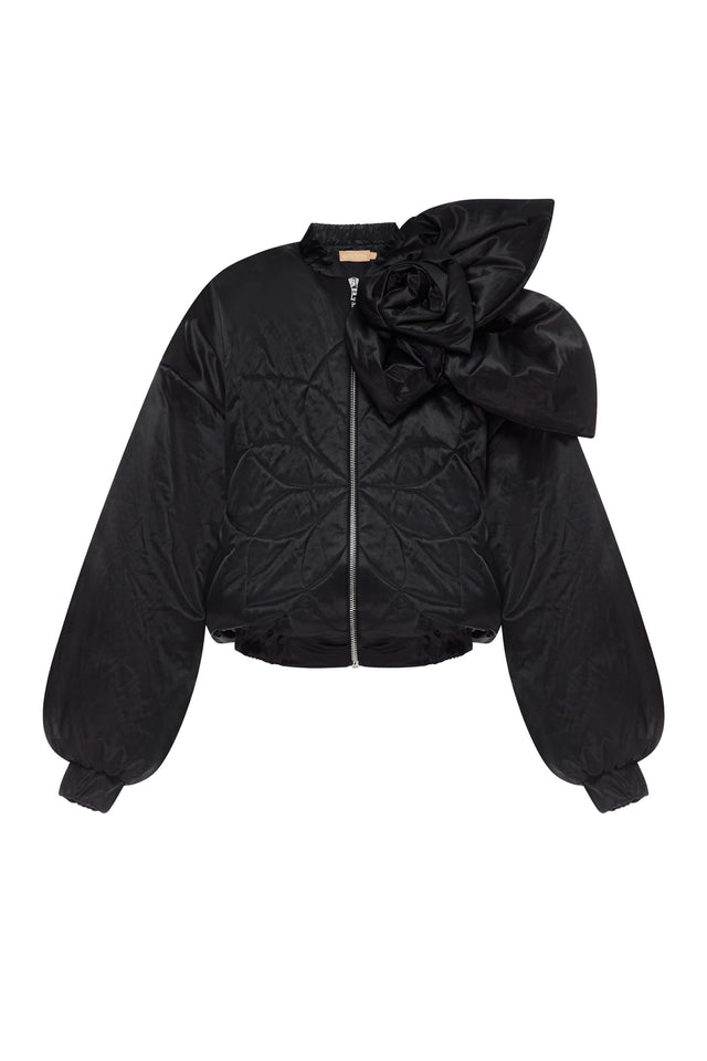Short insulated bomber jacket with a 3d flower front view