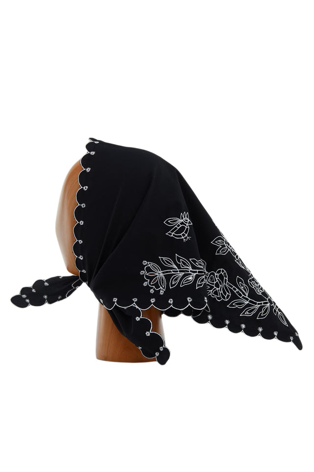 Black Embroidered cotton headscarf side view
