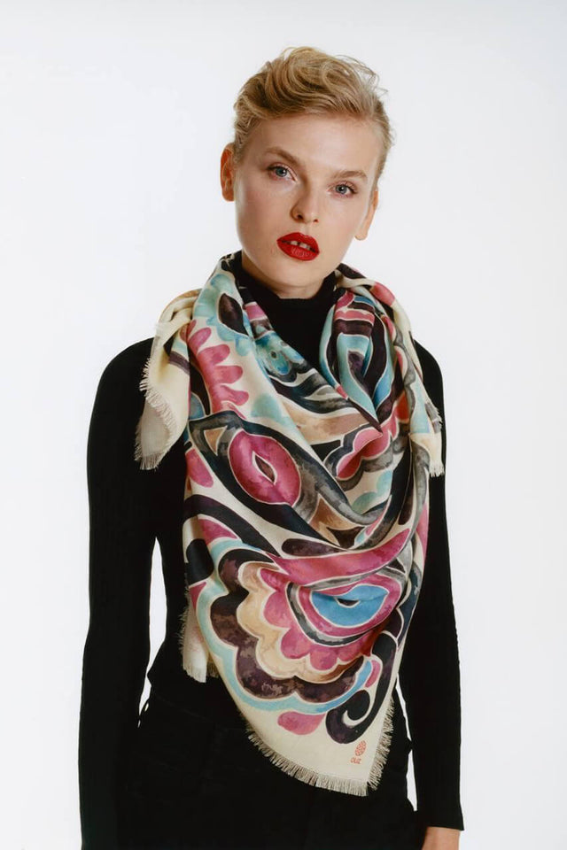 Model in Pink abstraction scarf front view