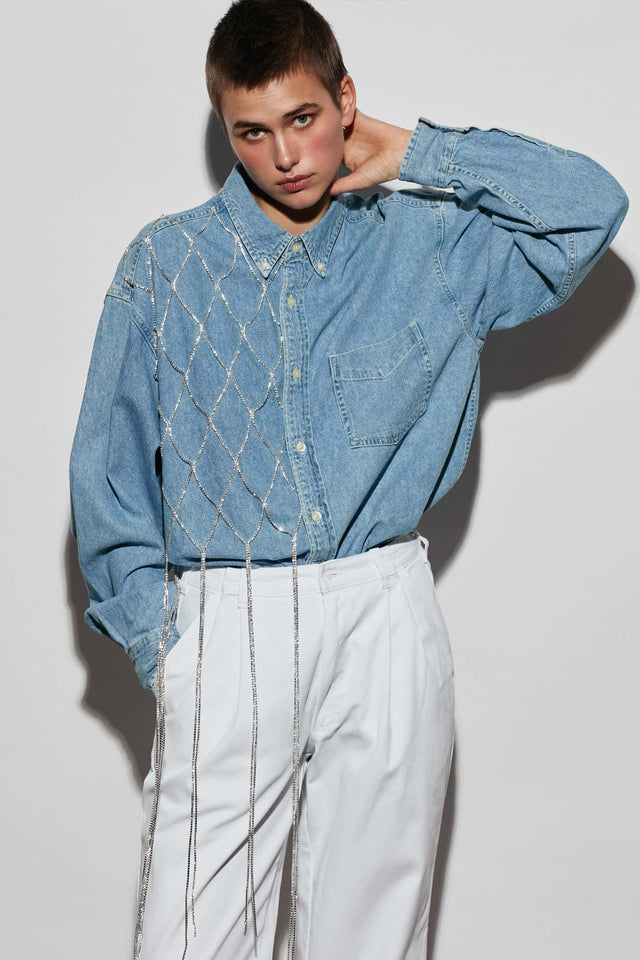 Model in denim Redesigned shirt with crystals